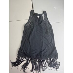 Skylar + Jade Black Crochet Fringe Tank Top Sleeveless Festival Boho Women's L